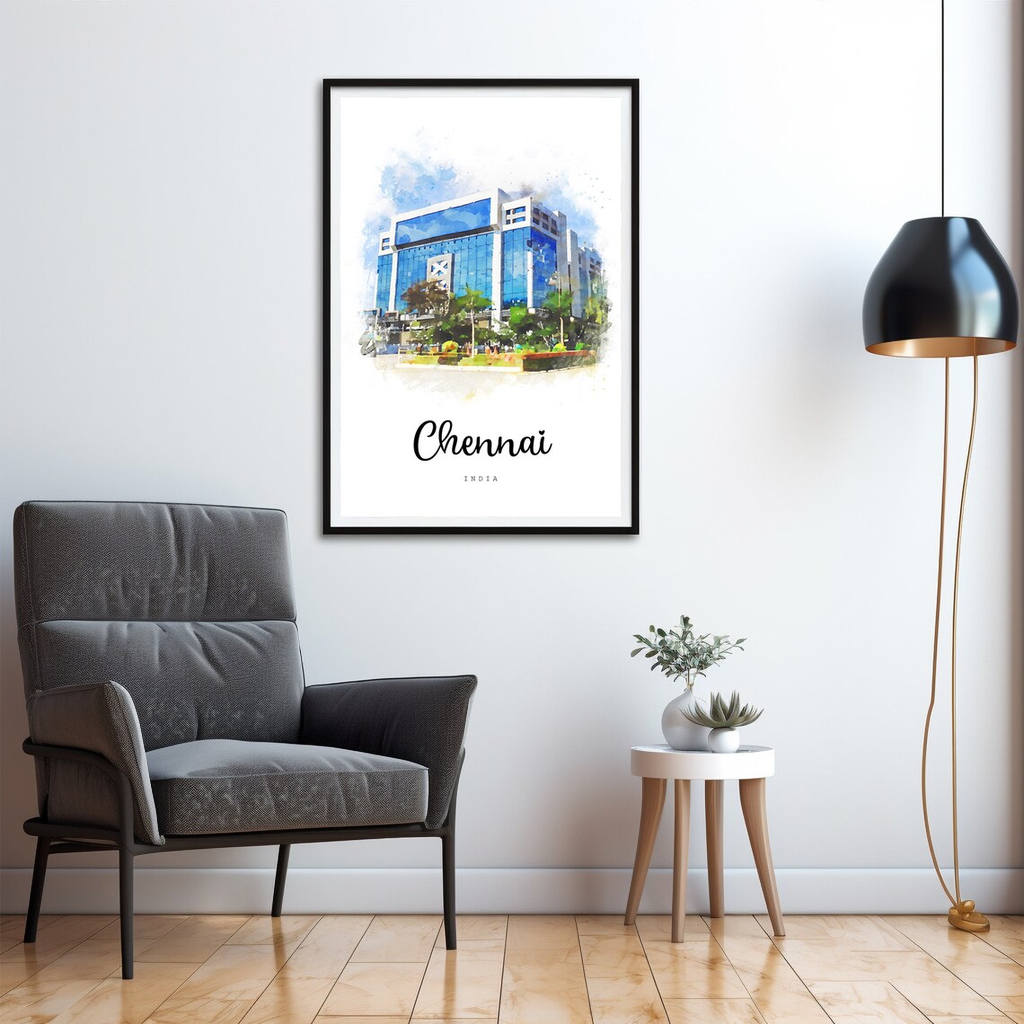 Chennai India Modern City Glass Building Watercolor Travel Poster - Image 4