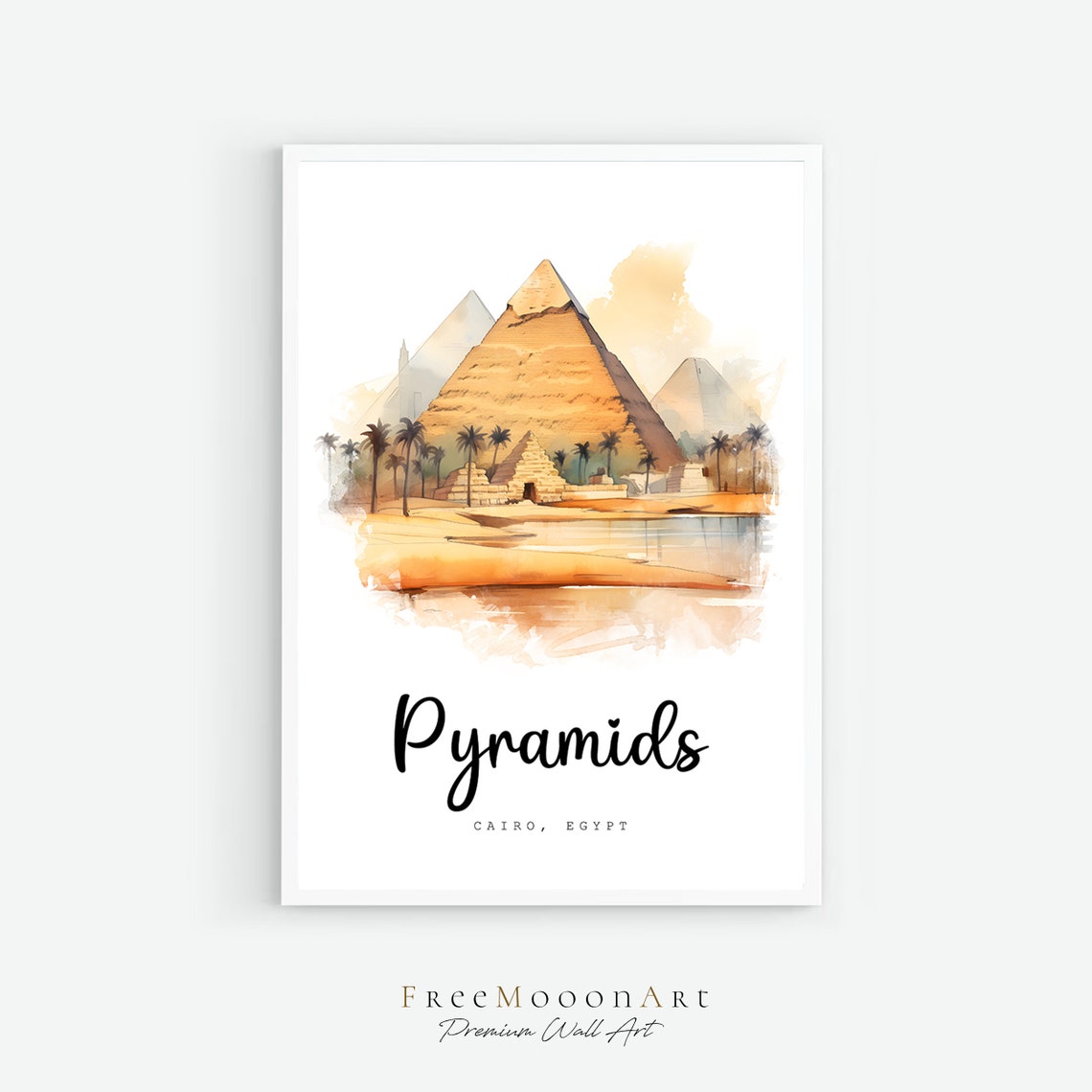 Pyramids of Giza Cairo Egypt Watercolor Travel Poster Desert Scene