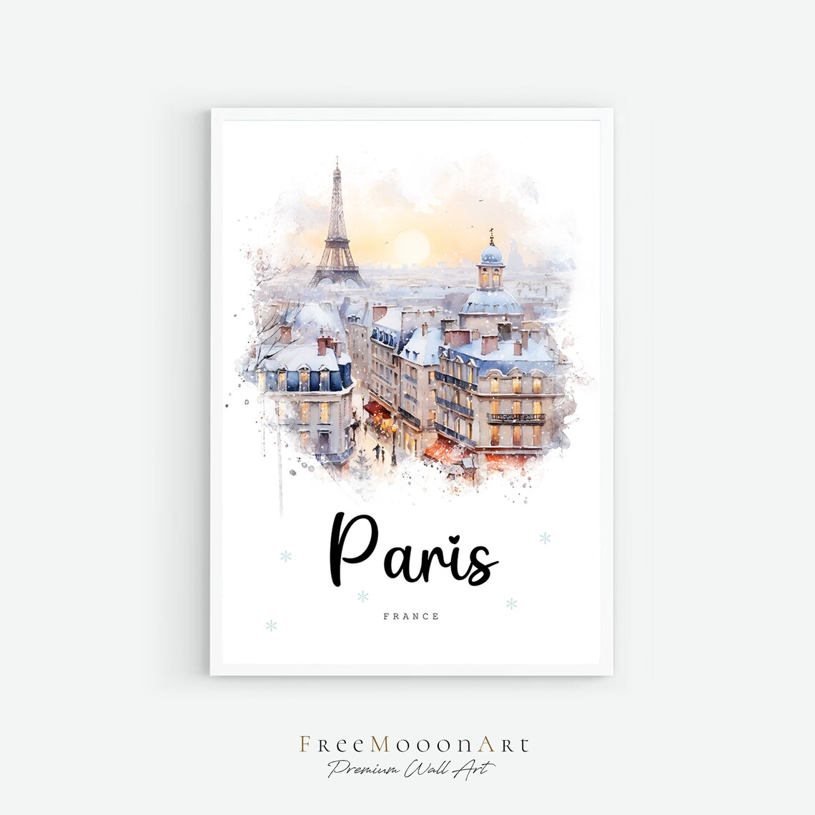 Paris France Snowy Rooftops Eiffel Tower Watercolor Travel Poster