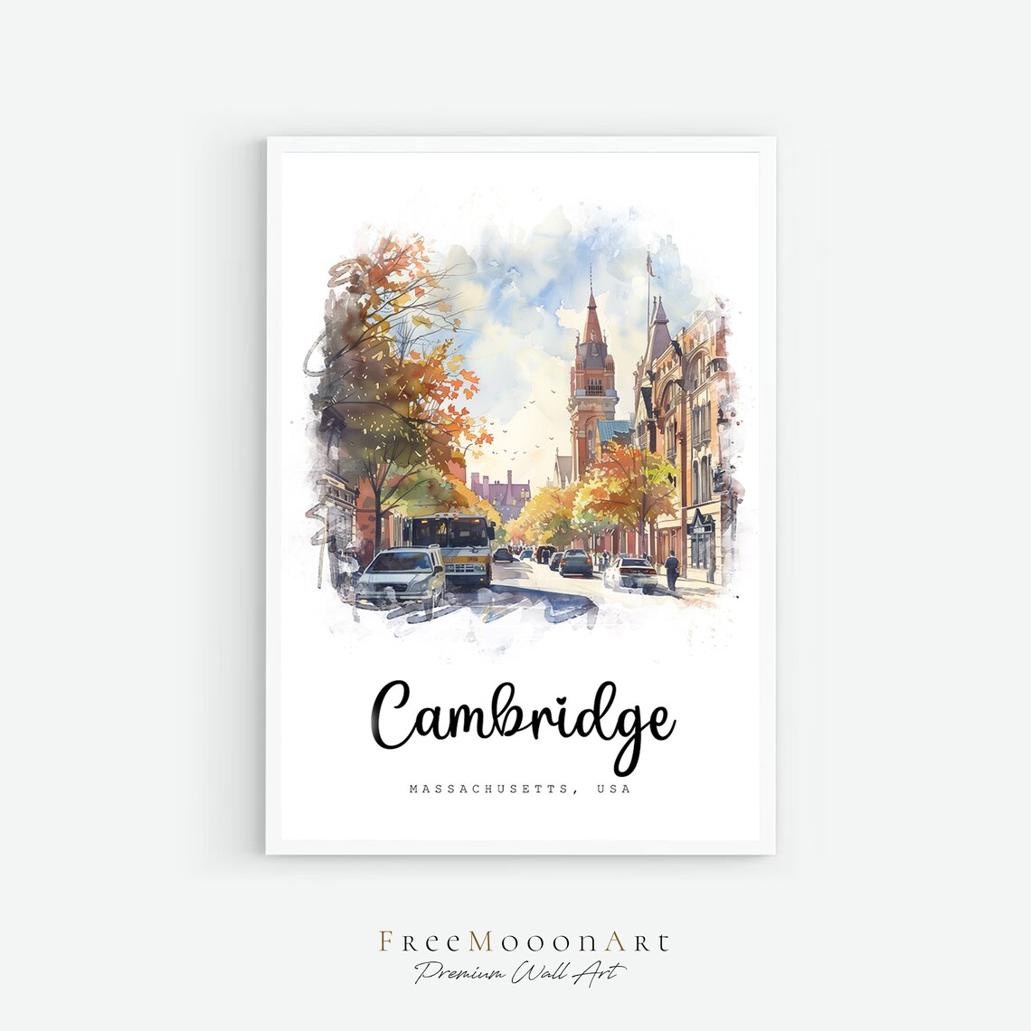 Cambridge Massachusetts Autumn Street Watercolor Travel Poster