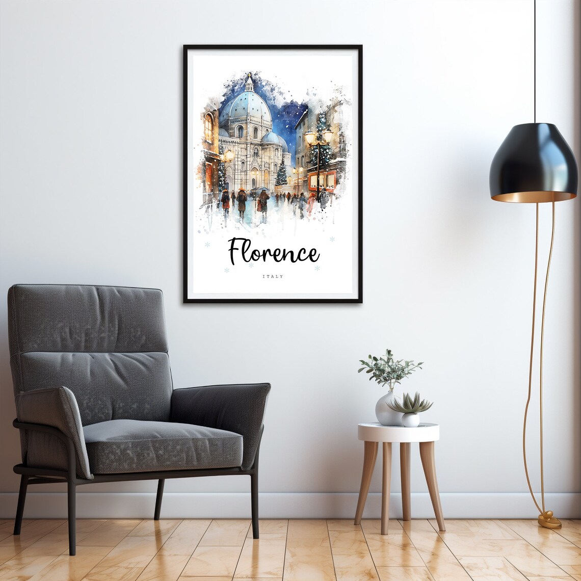 Florence Italy Winter Night Duomo Cathedral Watercolor Travel Poster - Image 4
