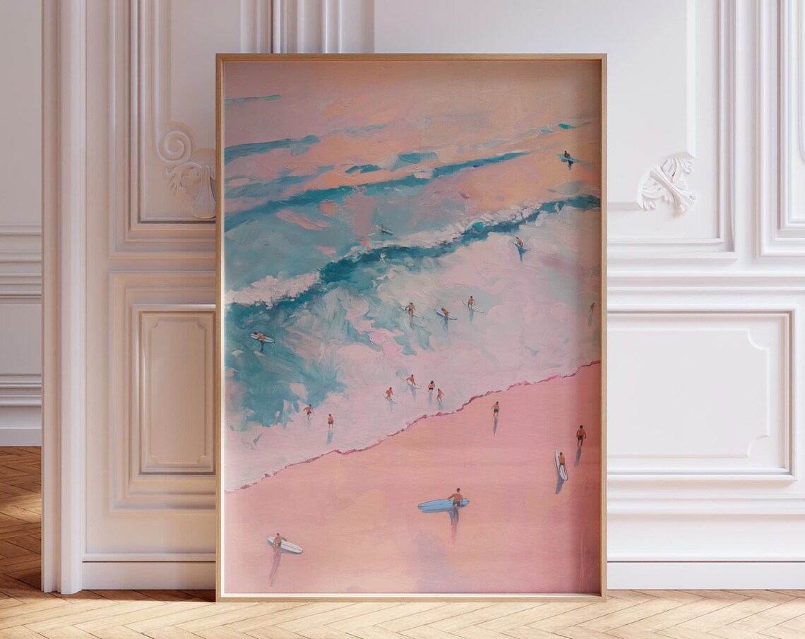 Pink Sand Beach Surfers Dreamy Pastel Aerial Ocean Painting Poster