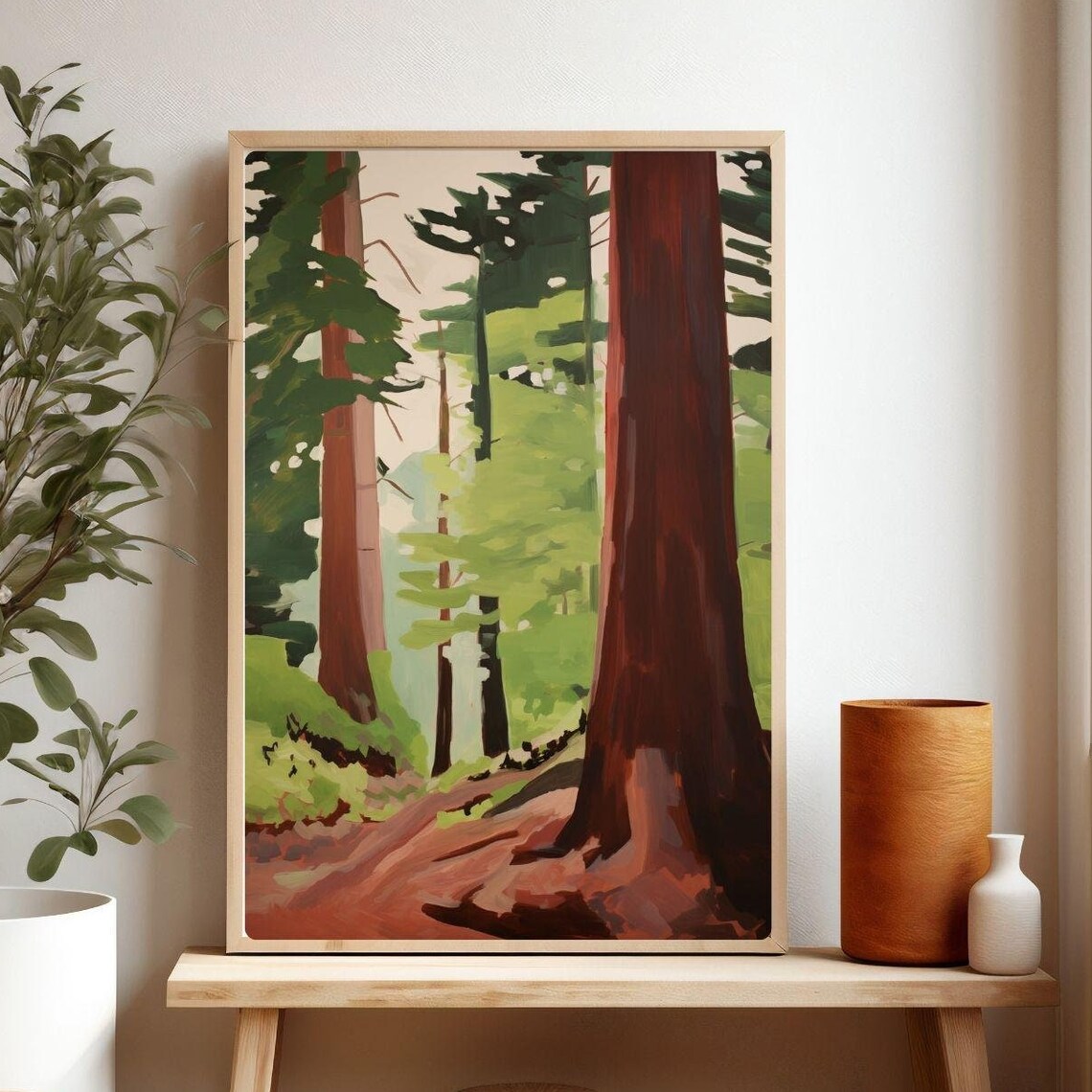 Redwood Forest Trees Painting Green Woodland National Park Art Poster