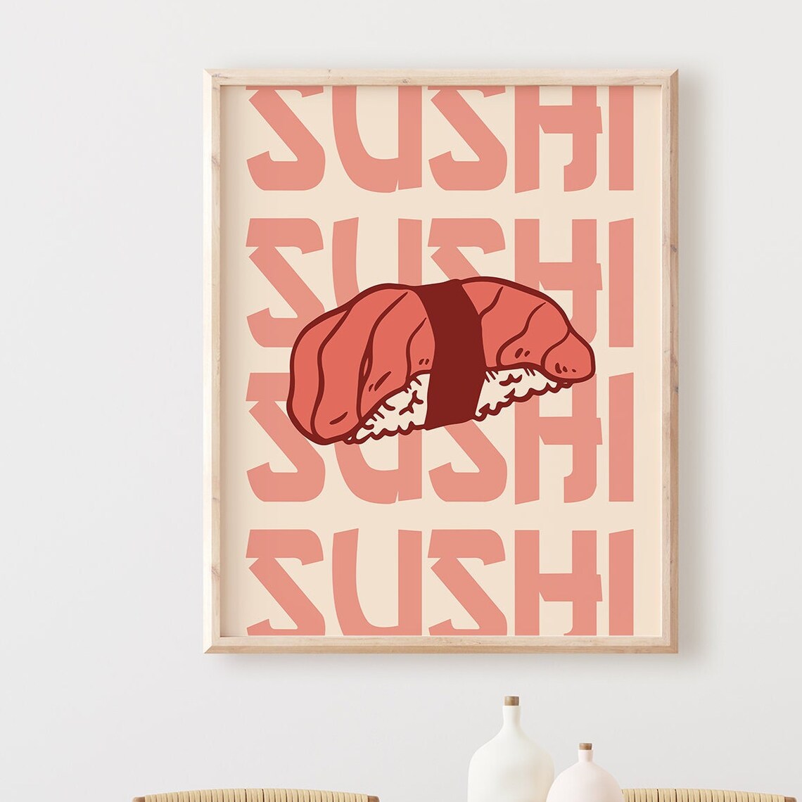 Salmon Nigiri Sushi Bold Retro Pink Typography Japanese Kitchen Poster