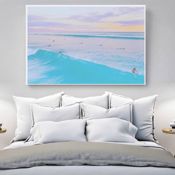Pastel Ocean Sunrise Surfers Riding Turquoise Wave Photo Poster