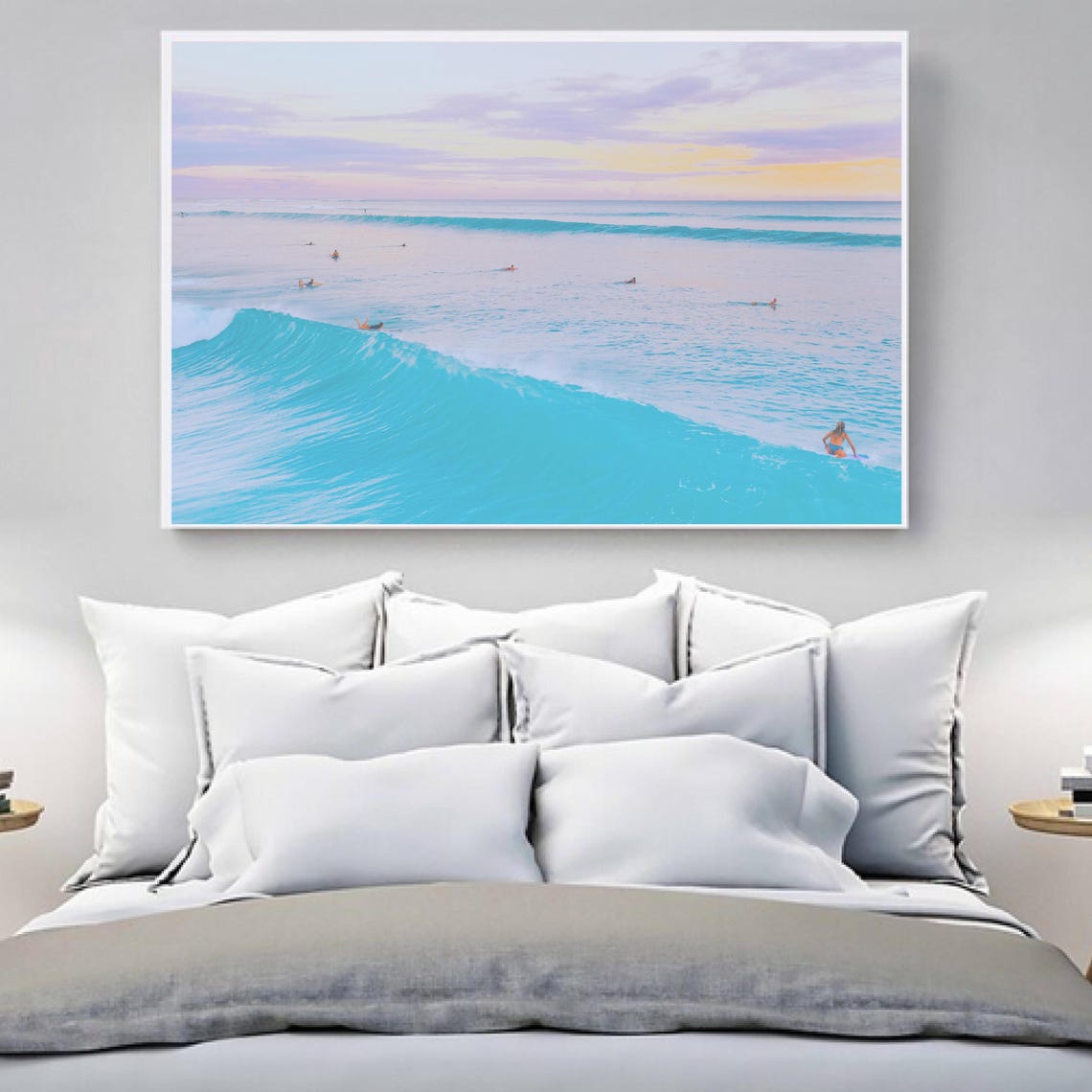 Pastel Ocean Sunrise Surfers Riding Turquoise Wave Photo Poster