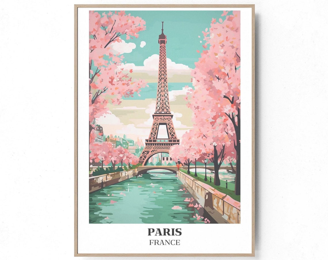 Paris France Eiffel Tower Pink Blossom Canal Spring Scene Poster
