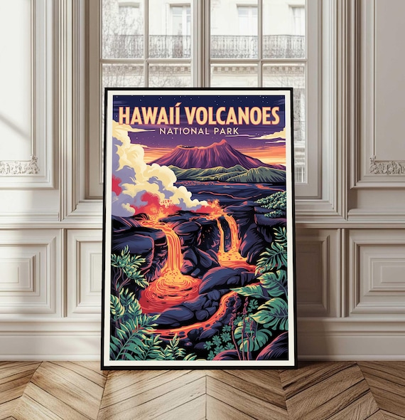 Vintage Hawaii Volcanoes National Park Lava Flow Travel Poster