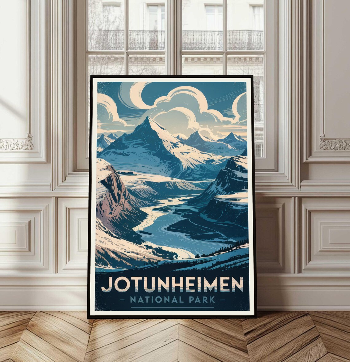 Jotunheimen National Park Vintage Snowy Peaks Valley Travel Poster