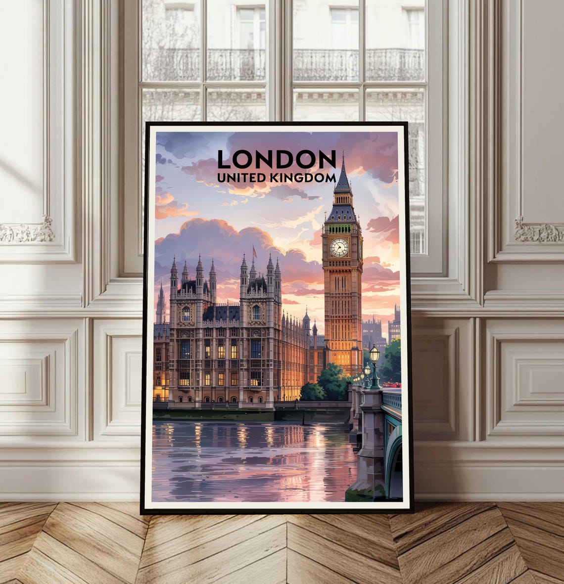 London United Kingdom Big Ben Sunset Vintage Travel Poster Art