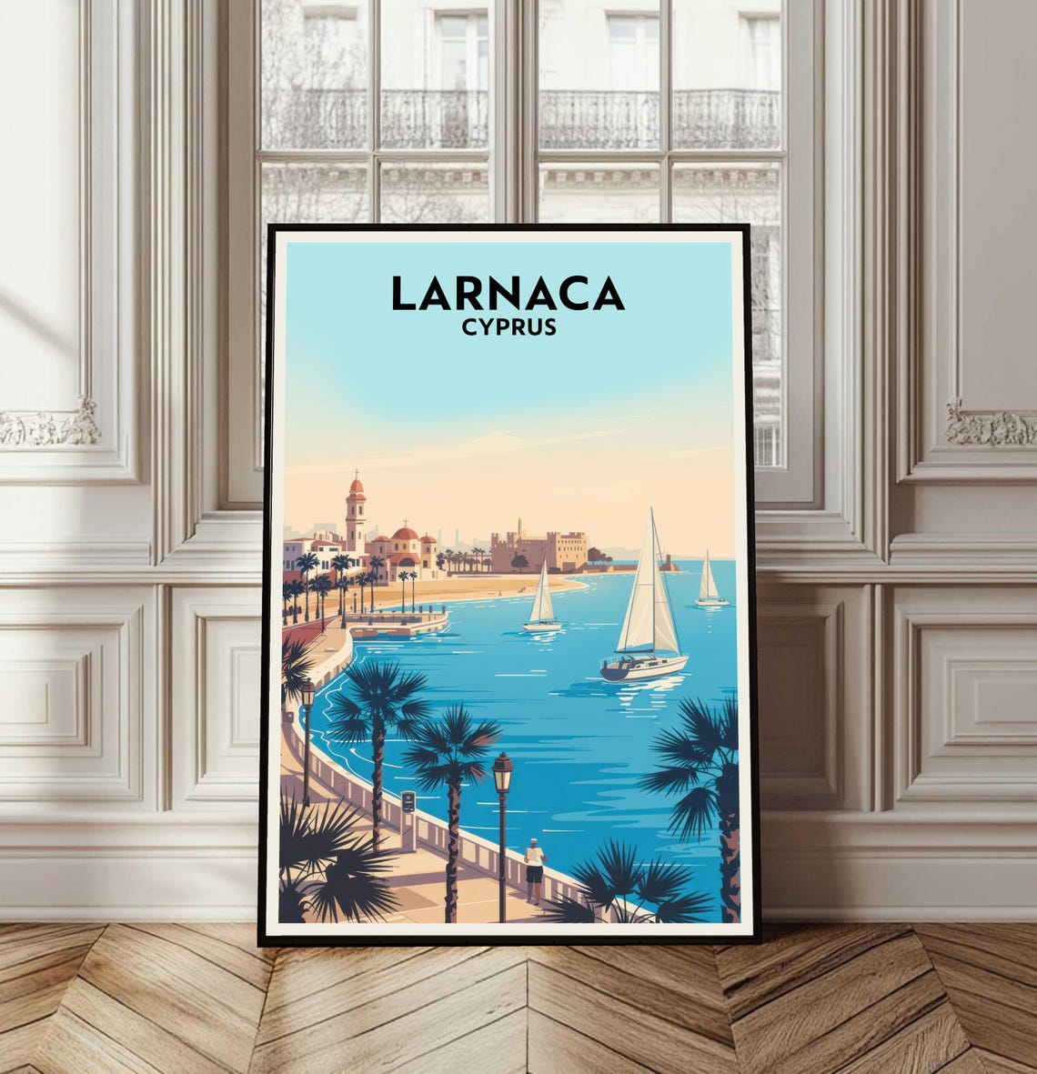 Larnaca Cyprus Retro Coastal Travel Art Sailboat Palm Poster