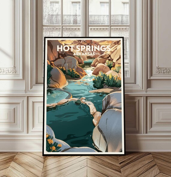 Hot Springs Arkansas Retro Travel Poster Rocky Stream Vintage Art