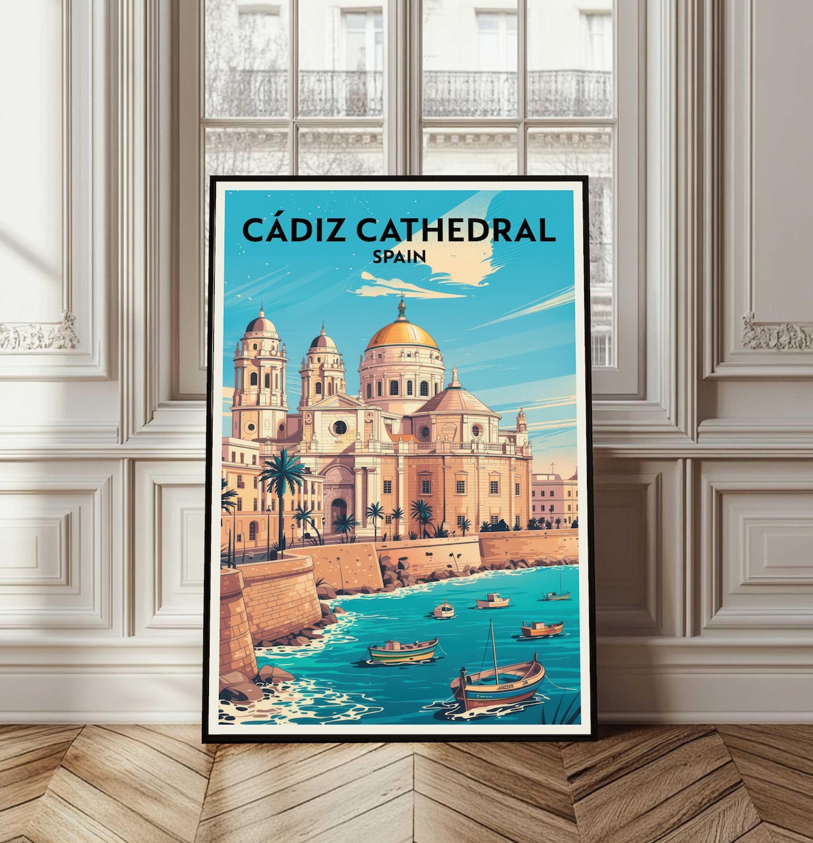 Cadiz Cathedral Spain Vintage Travel Poster Golden Dome Coastline