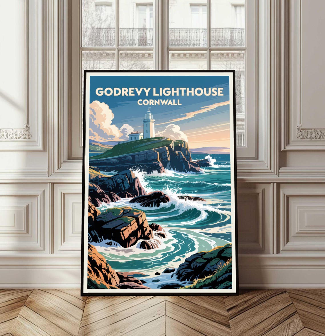 Godrevy Lighthouse Cornwall Rocky Coast Retro Travel Art Poster