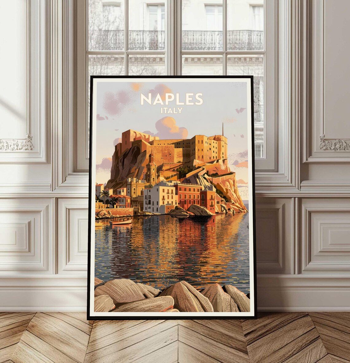 Naples Italy Cliffside Coastal Town Sunset Vintage Travel Poster