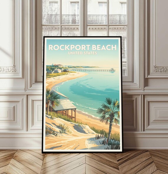 Rockport Beach United States Vintage Travel Poster Pier Palm Shoreline Scene