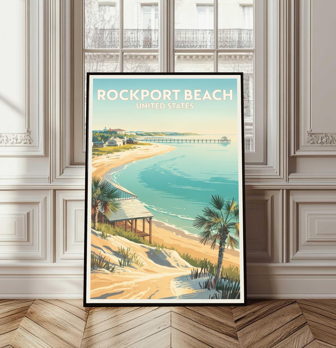 Rockport Beach United States Vintage Travel Poster Pier Palm Shoreline Scene