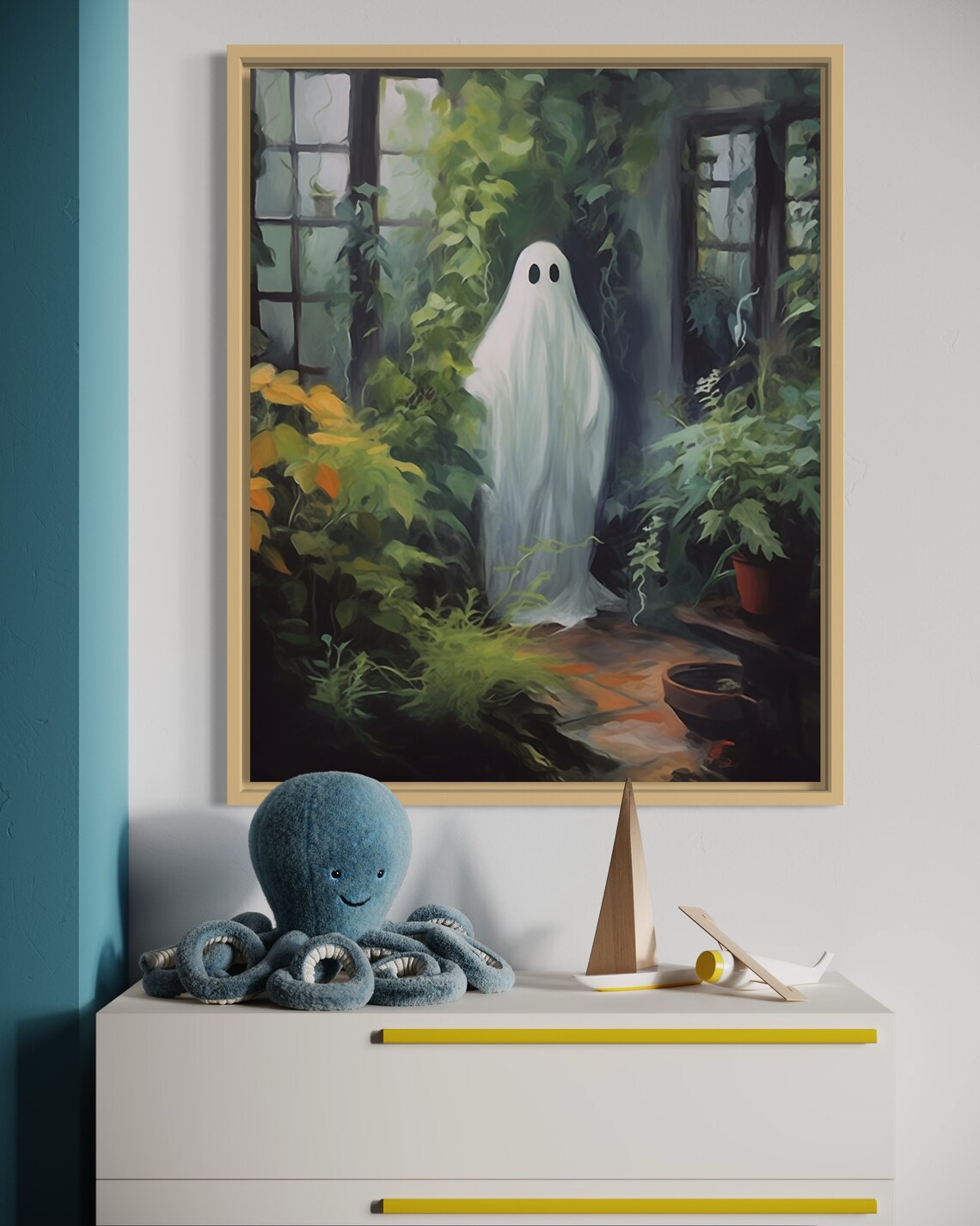 Gentle Ghost Standing Among Green Plants Cozy Garden Halloween Art Poster - Image 2