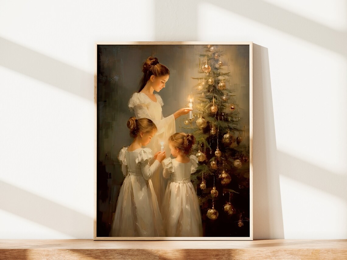 Vintage Christmas Tree Candlelight Girls Cozy Oil Painting Poster - Image 2