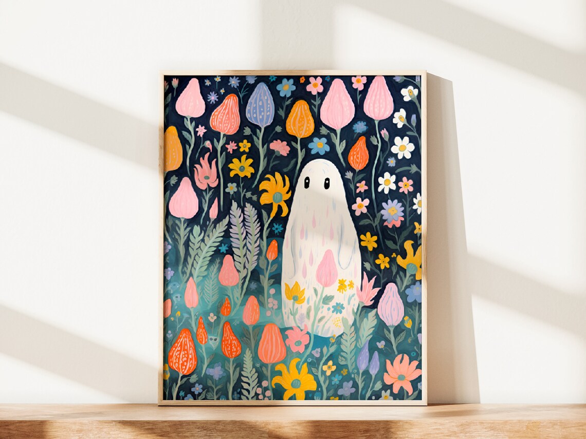 Cute Ghost Among Colorful Flowers Whimsical Pastel Halloween Art Poster - Image 2