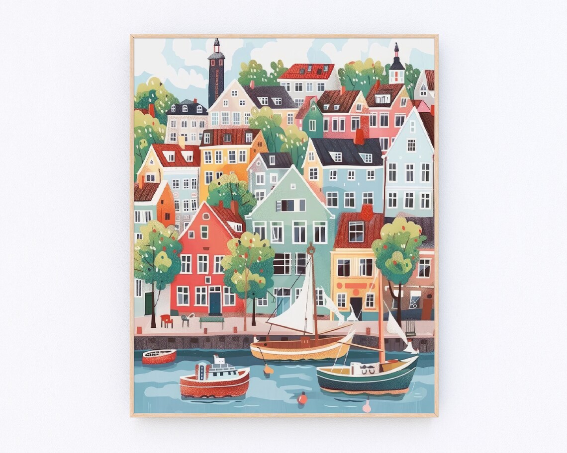 Copenhagen Harbor Colorful Houses Sailboats Scandinavian Art Poster