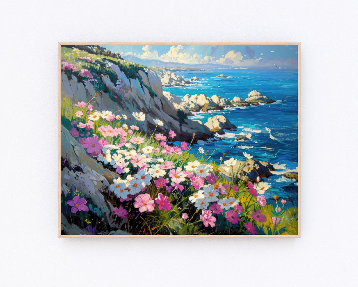 Big Sur Coastal Cliffs Wildflowers Turquoise Ocean Watercolor Poster