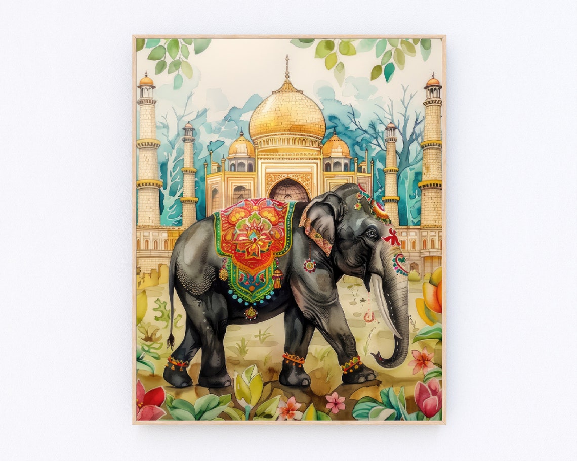 Decorated Indian Elephant Before Golden Palace Watercolor Wall Poster