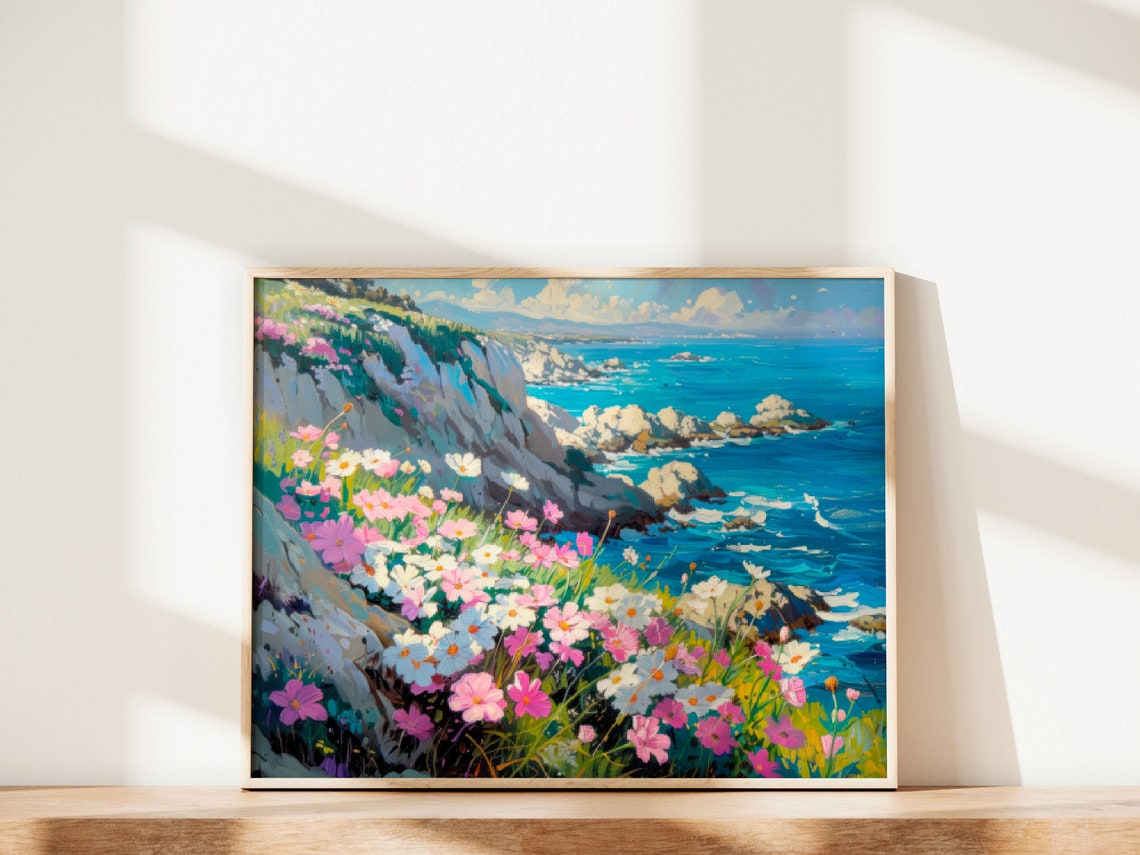 Big Sur Coastal Cliffs Wildflowers Turquoise Ocean Watercolor Poster - Image 2