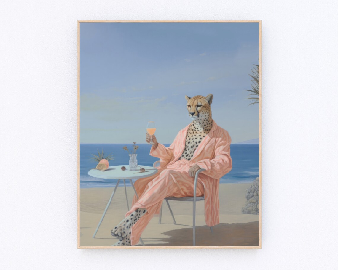 Cheetah Retro Cocktail Poster, Pink Coastal Decor