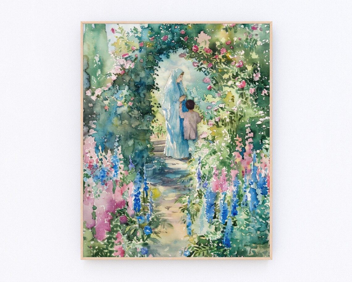Mother Mary and Jesus in Garden Christian Art Print