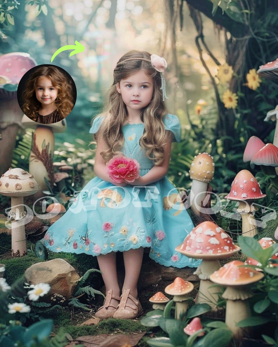 Custom Wonderland Portrait Girl Blue Dress Mushroom Forest Art Print