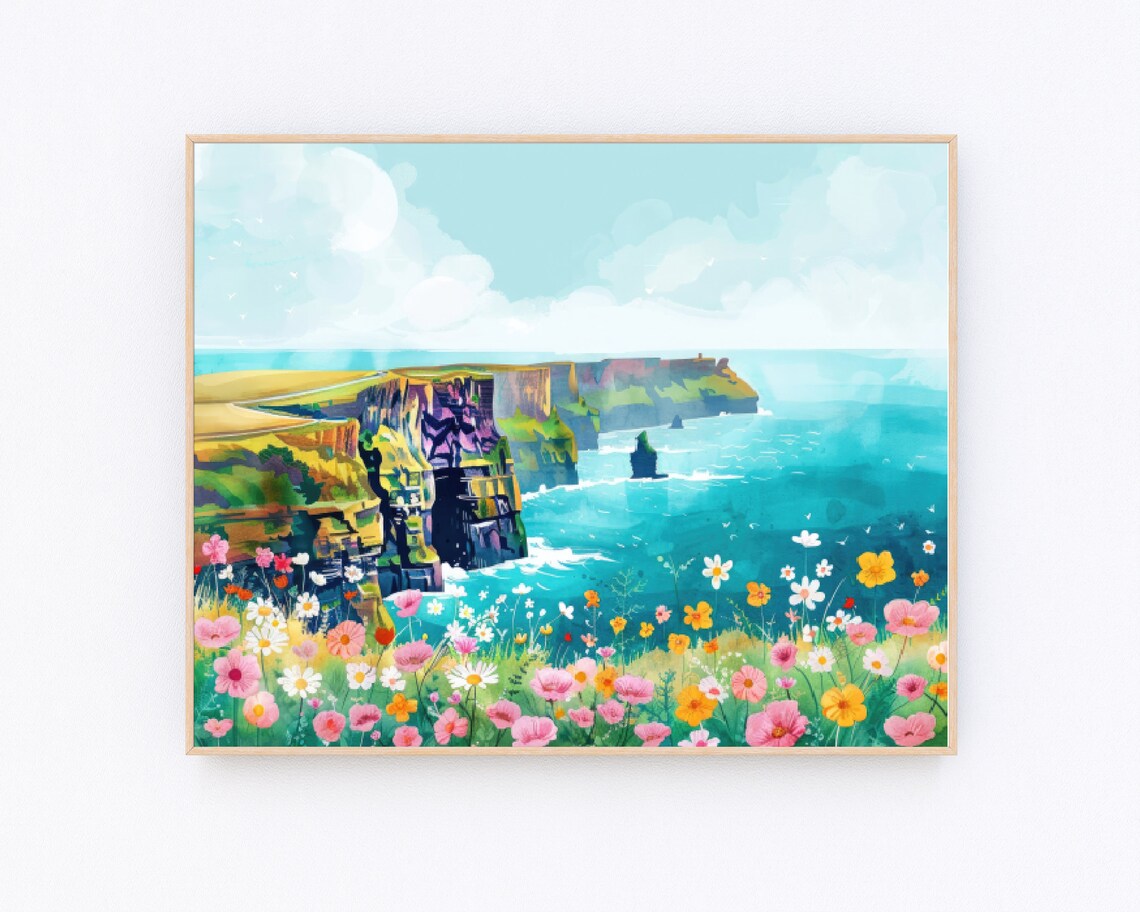 Cliffs of Moher Ireland Wildflower Meadow Coastal Watercolor Poster