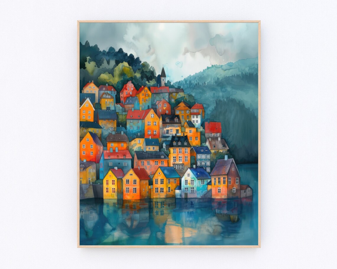 Bergen Harbor Houses Reflection Fjord Mountains Watercolor Poster