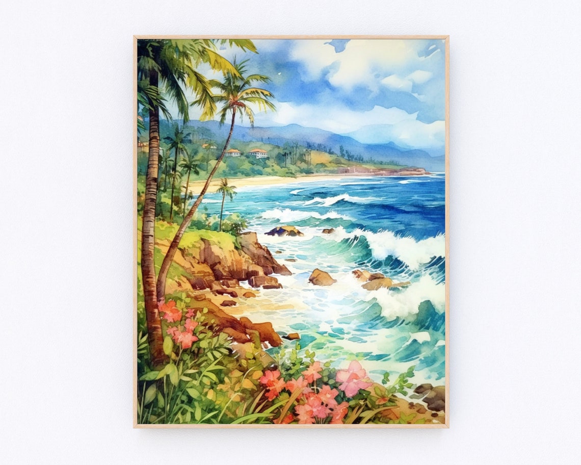 Hawaii Coastal Seascape with Palm Trees and Blooming Flowers Poster