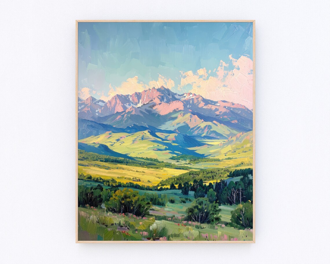 Golden Valley Mountain Peaks Oil Painting Landscape Wall Poster