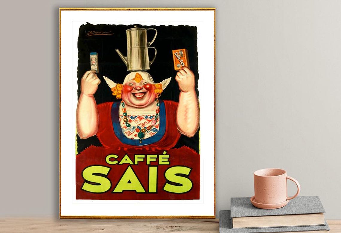 Caffe Sais Coffee Smiling Woman Pots Vintage Italian Ad Poster