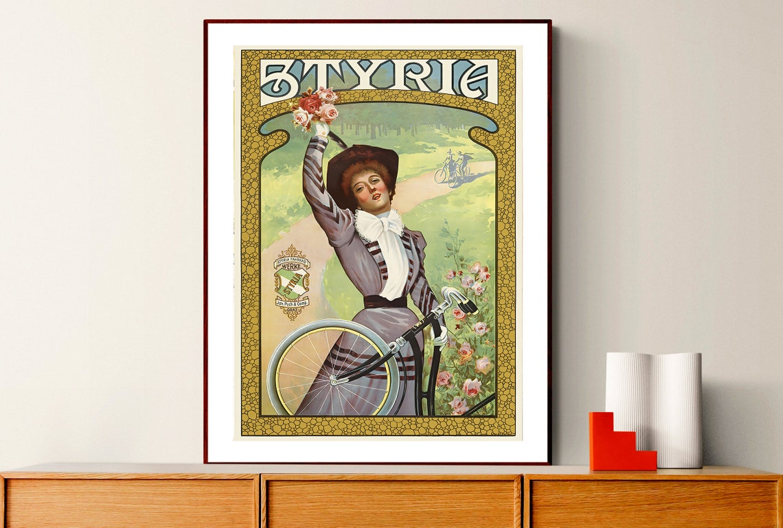 Smyria Vintage Bicycle Woman With Roses German Art Nouveau Poster - Image 2