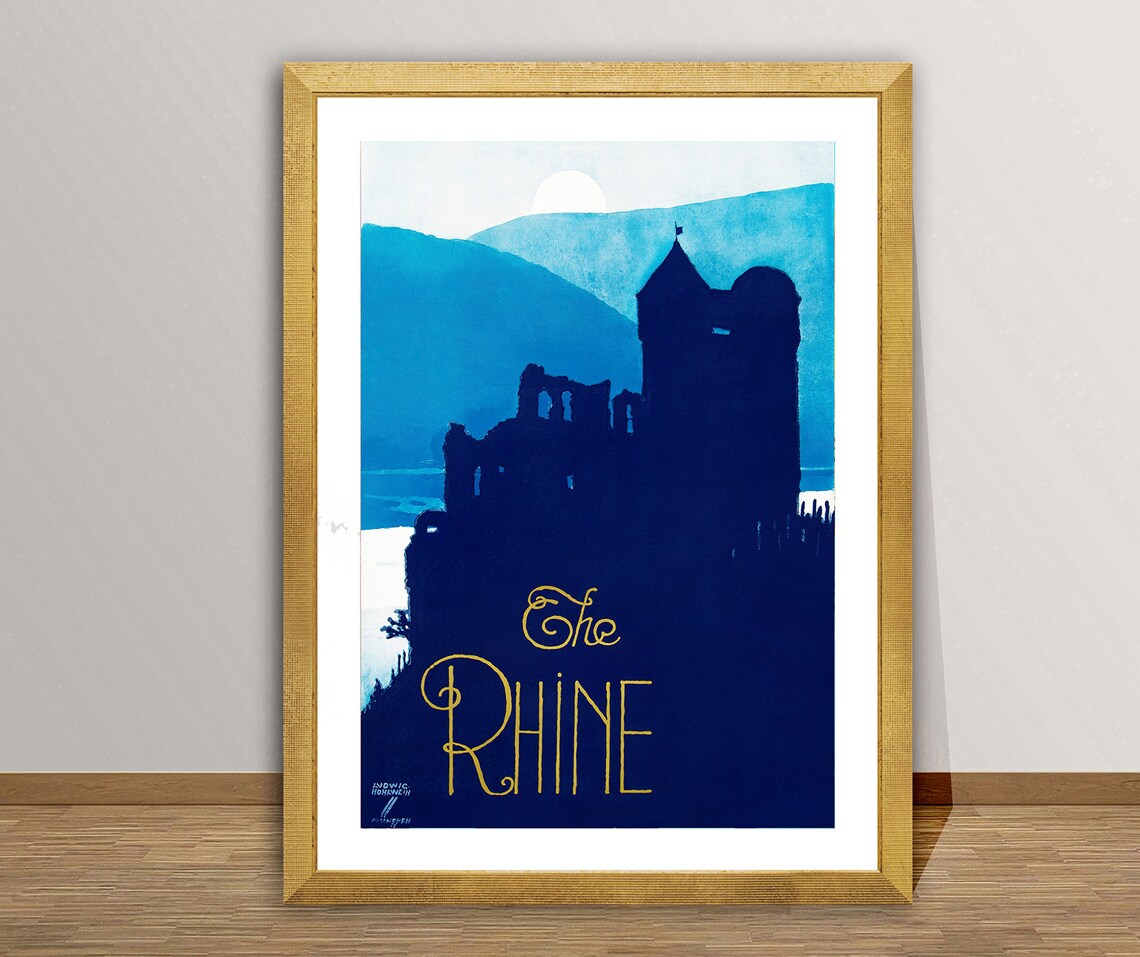 The Rhine Germany Vintage Travel Poster Blue Castle Silhouette Art