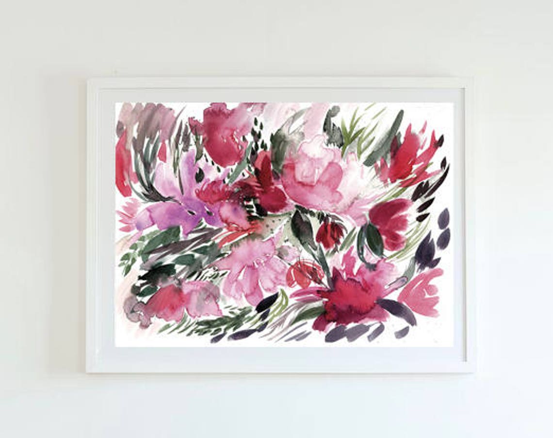 Pink Red Floral Watercolor Bouquet Bloom Flower Garden Wall Art