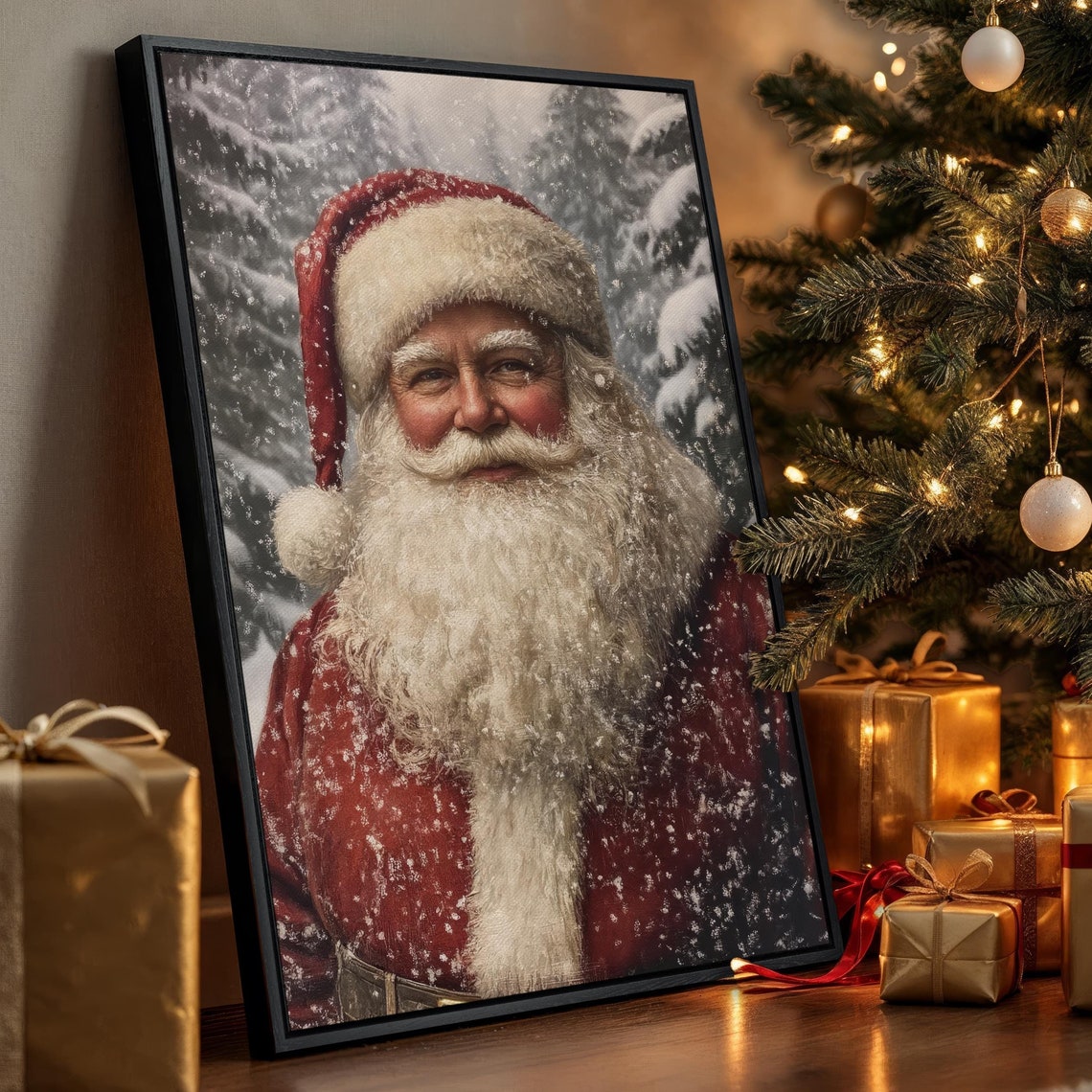 Vintage Santa Claus Snowy Forest Portrait Christmas Wall Art