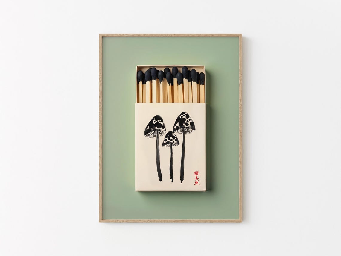 Mushroom Ink Illustration Vintage Matchbox Sage Green Wall Poster