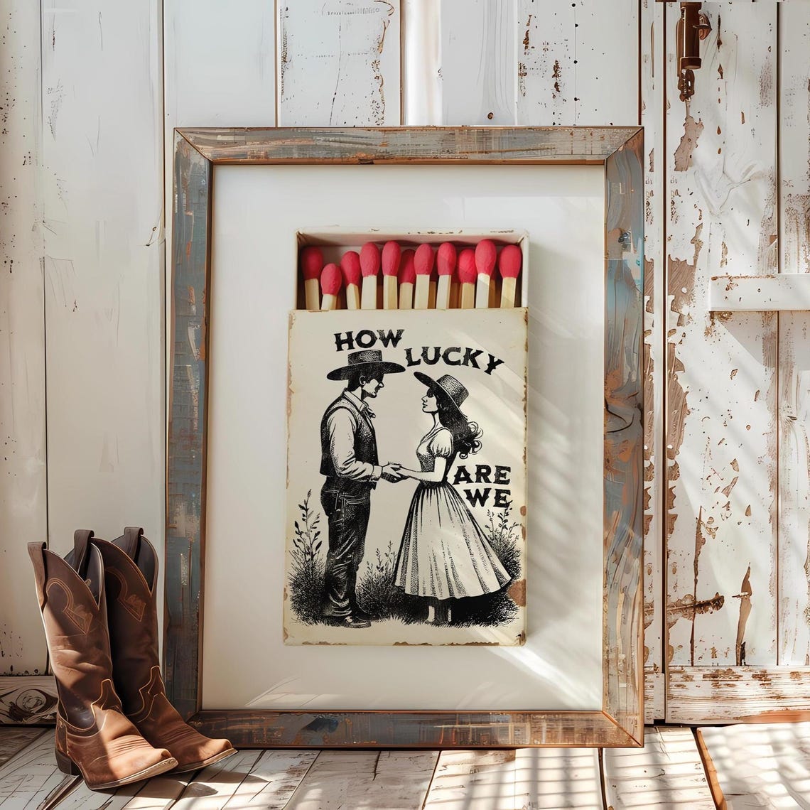How Lucky Are We Western Cowboy Couple Vintage Matchbox Art Poster