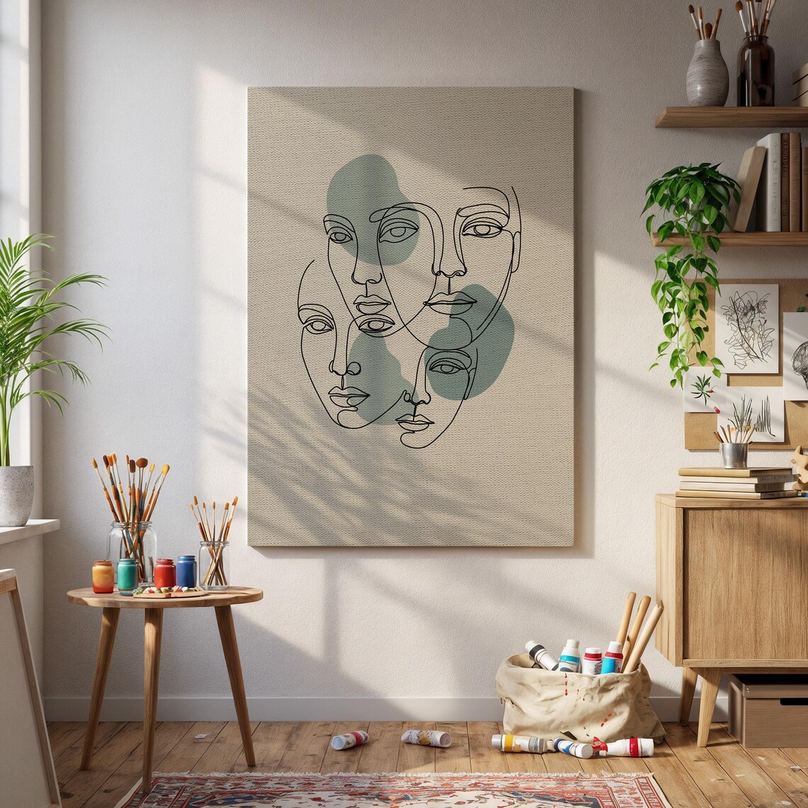 Framed Abstract Face Wall Art Minimal One Line Multiface Canvas Print Modern Figurative Drawing Poster Gift For Artistic Interiors