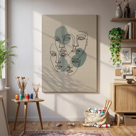 Framed Abstract Face Wall Art Minimal One Line Multiface Canvas Print Modern Figurative Drawing Poster Gift For Artistic Interiors