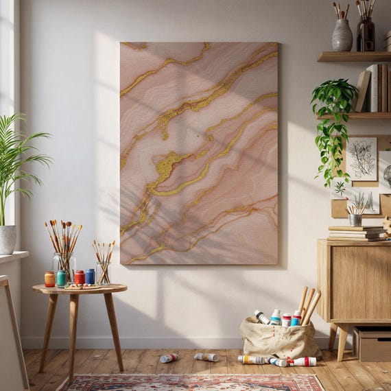 Framed Pink Marble Wall Art Gold Vein Abstract Canvas Print Elegant Modern Poster For Living Room Feminine Glam Home Decor