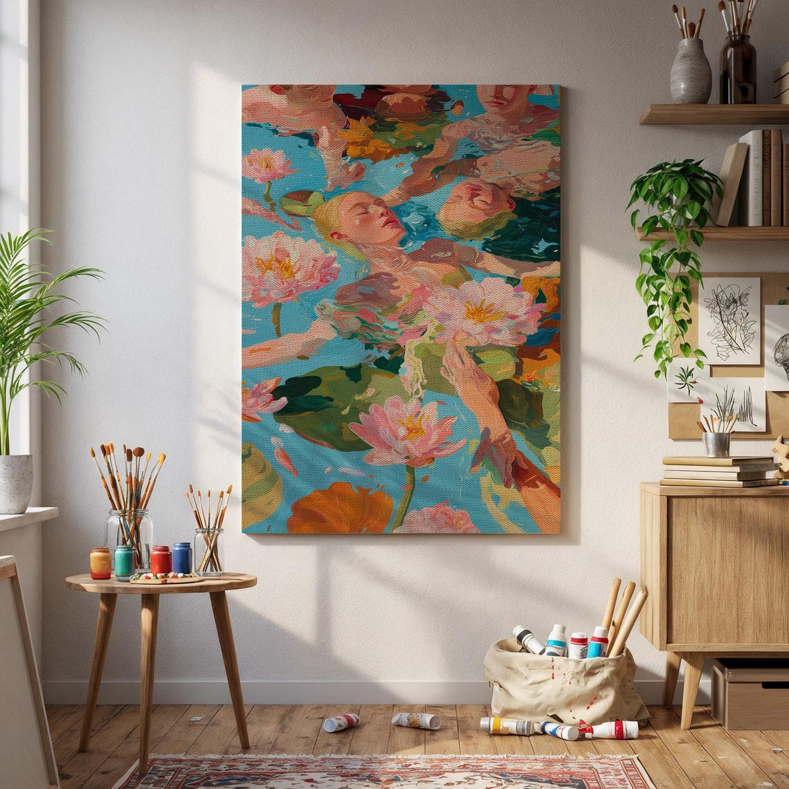 Floating Woman Water Lilies Impressionist Floral Pond Dreamy Poster