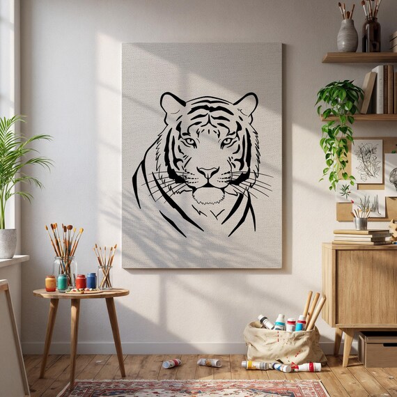 Minimalist Black Ink Tiger Head Fierce Jungle Cat Line Art Poster
