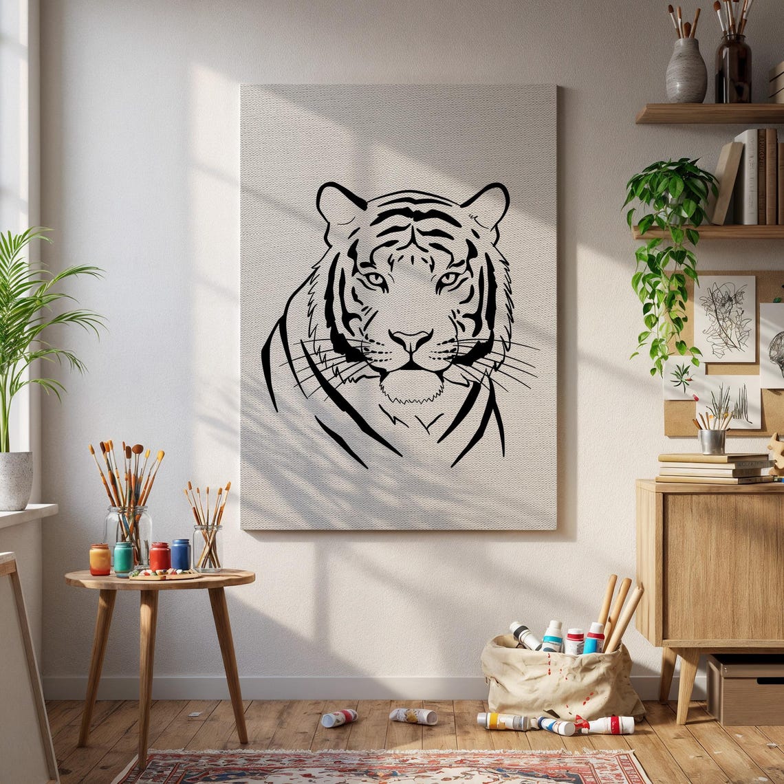 Minimalist Black Ink Tiger Head Fierce Jungle Cat Line Art Poster