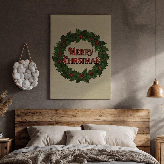 Merry Christmas Holly Wreath Vintage Typography Holiday Art Poster
