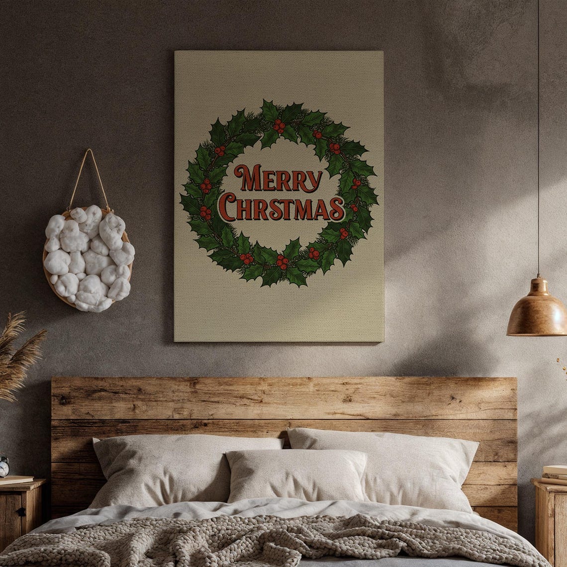 Merry Christmas Holly Wreath Vintage Typography Holiday Art Poster